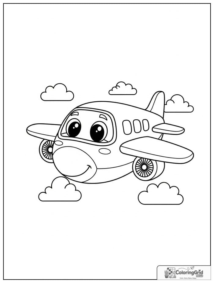 Cute smiling cartoon airplane in black and white.