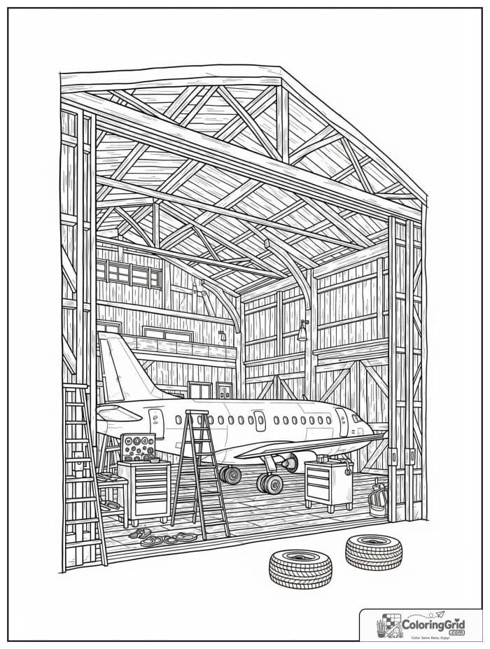 Airplane inside a hangar in black and white artwork.