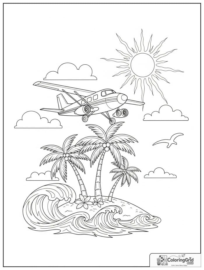 Small airplane flying near a tropical island in black and white.