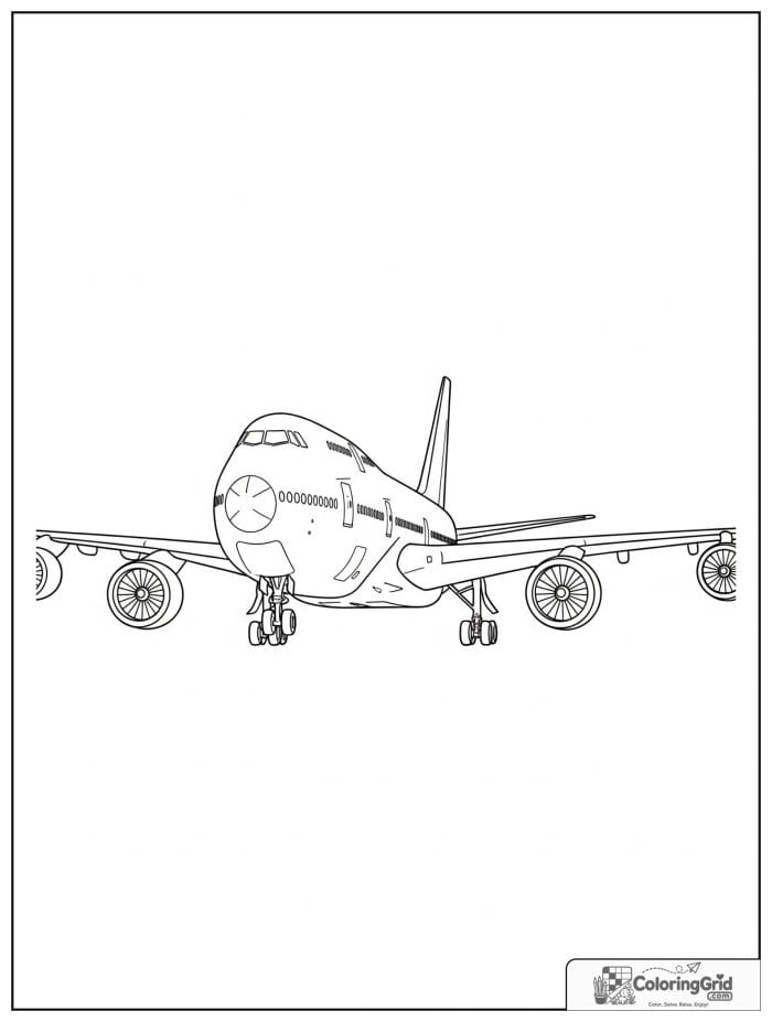 Jumbo jet from a front angle in black and white artwork.