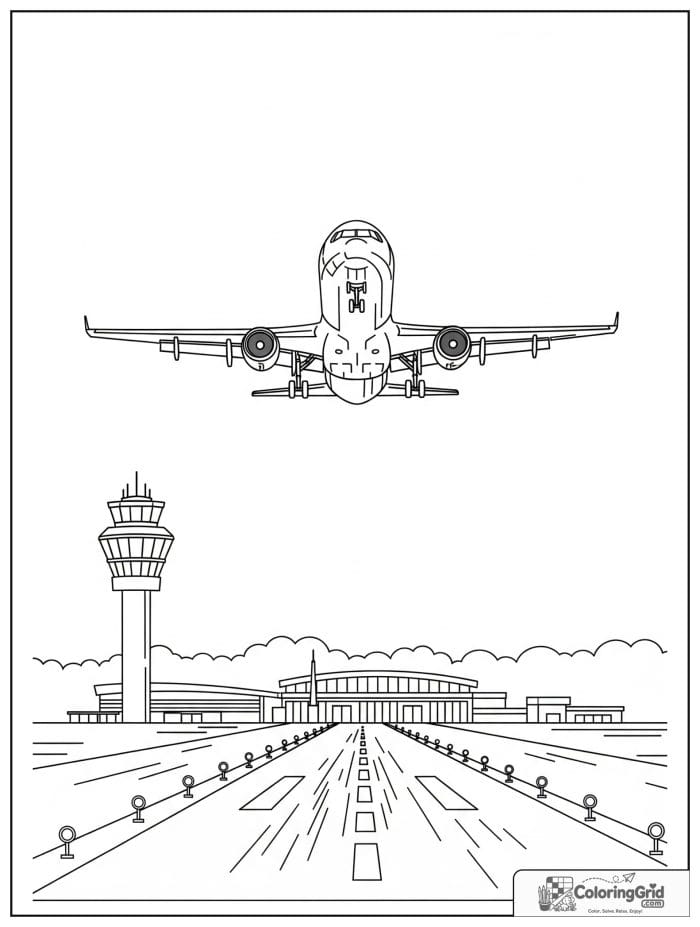 Airplane landing near an airport tower in black and white.