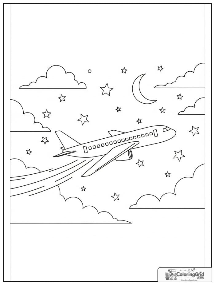 Airplane flying in a night sky in black and white line art.