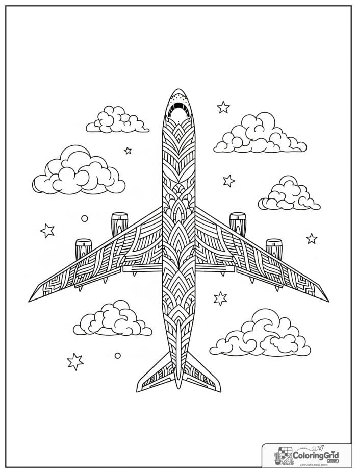Decorative airplane jet with patterned details in black and white.