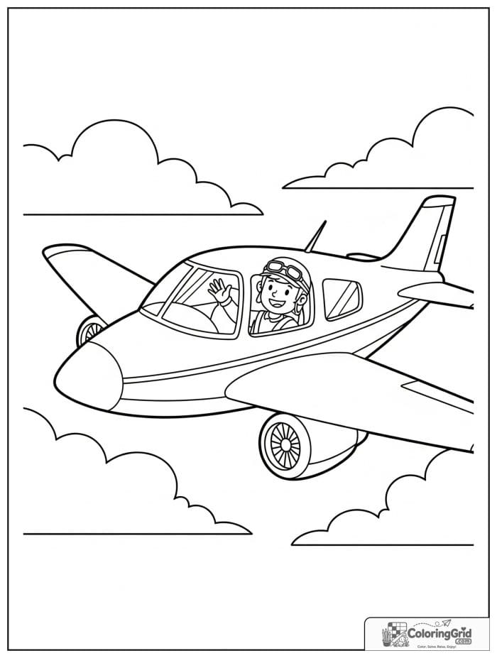Small airplane with a waving pilot in black and white.