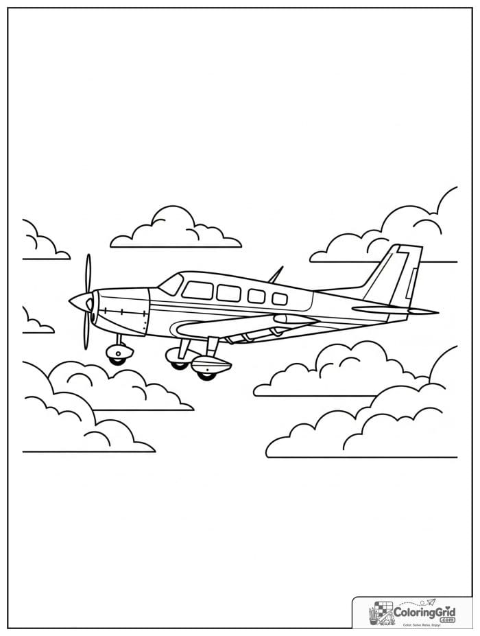 Small propeller airplane flying through clouds in black and white line art.