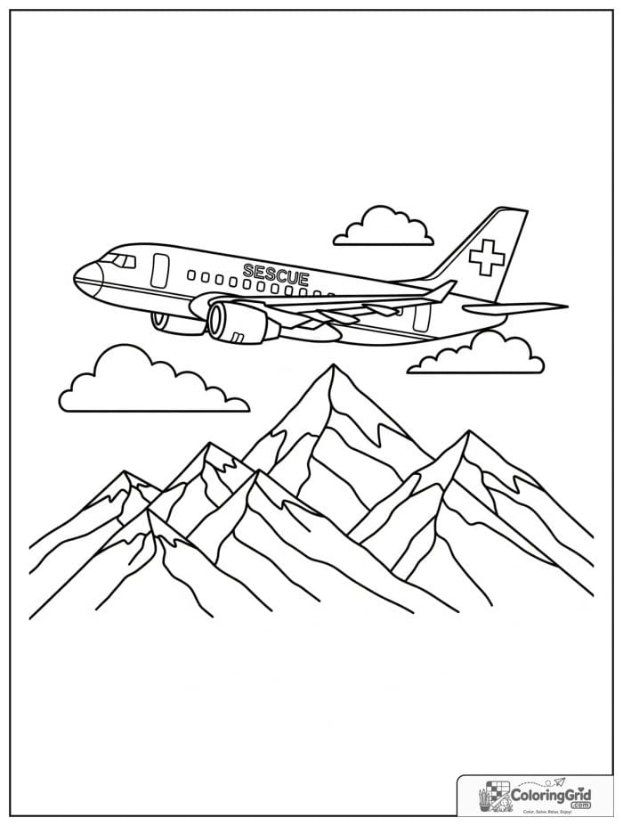 Rescue airplane over mountains in black and white line art.
