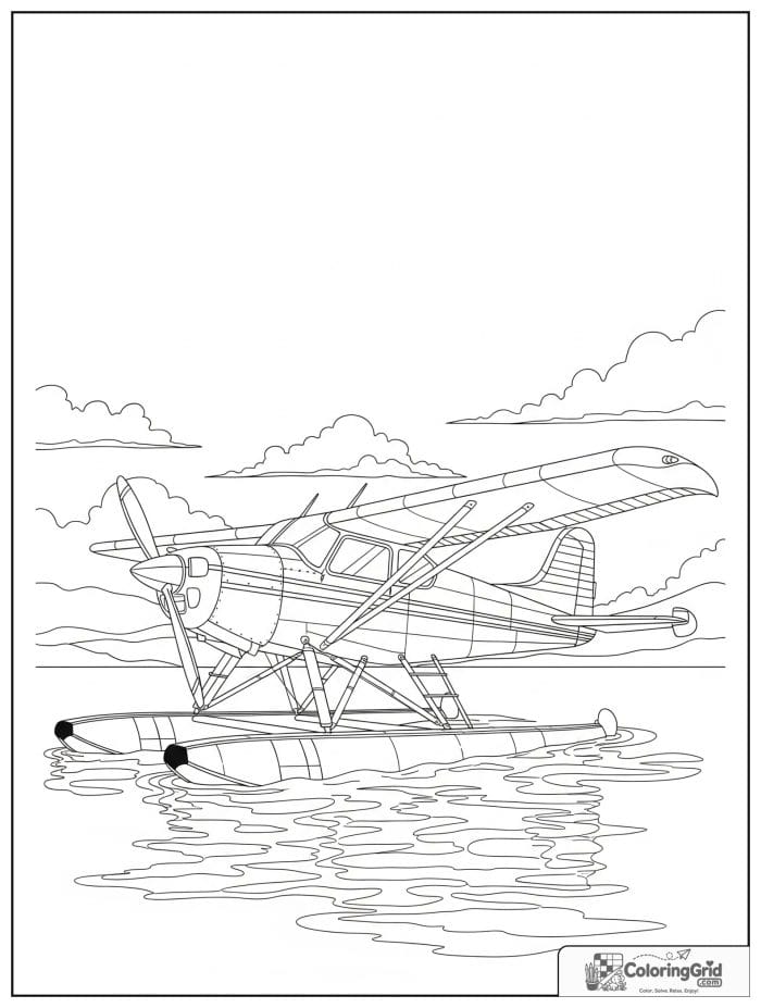 Seaplane on a lake in black and white line art.