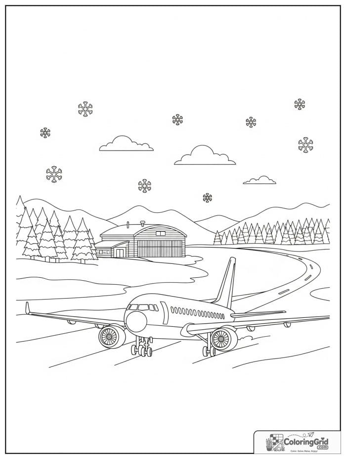 Airplane on a snowy airfield in black and white artwork.