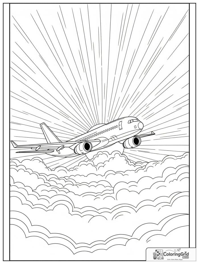 Airplane flying at sunrise in black and white line art.