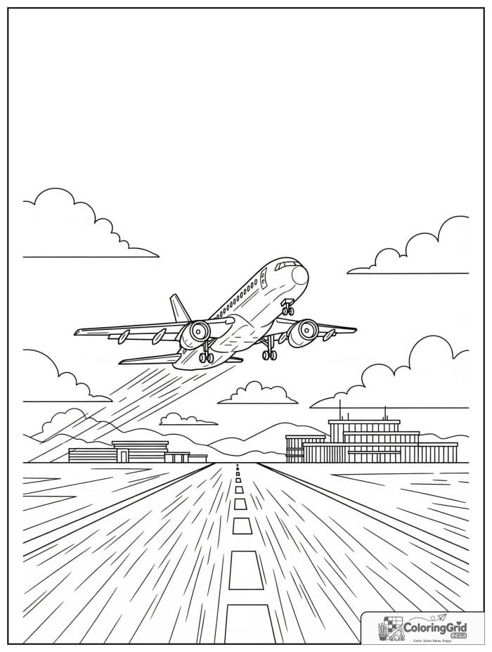 Airplane taking off from a runway in black and white artwork.