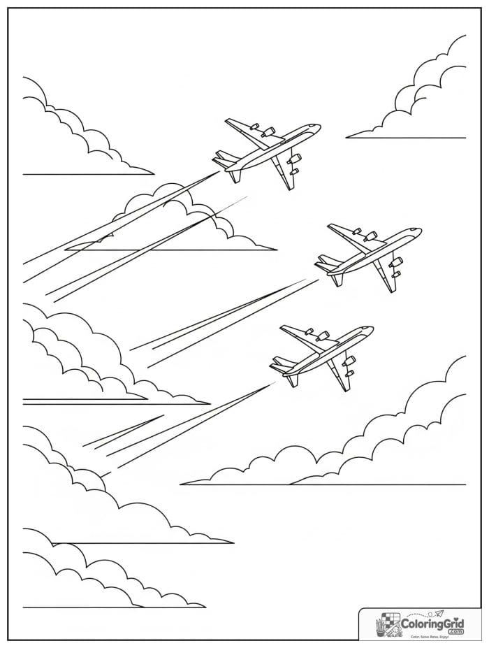 Three airplanes flying in formation in black and white line art.