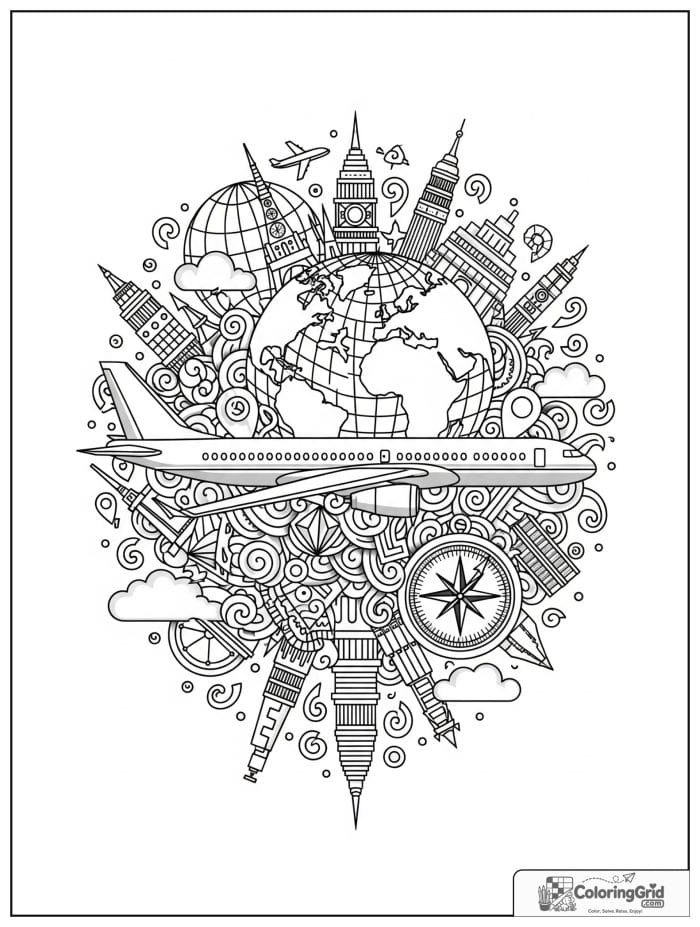 Airplane with world travel elements in black and white line art.