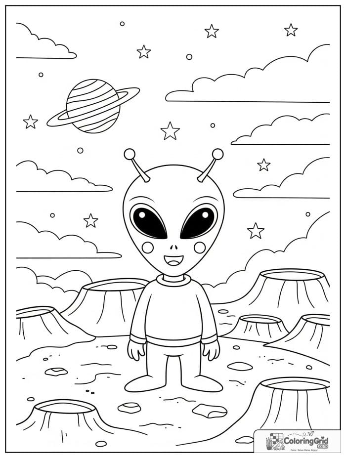 Alien and moon crater scene black and white artwork.