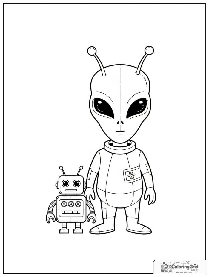 Alien and robot friend black and white line art.