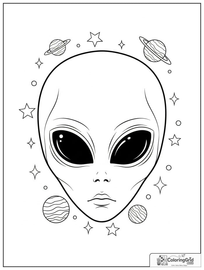 Alien closeup with star frame black and white line art.