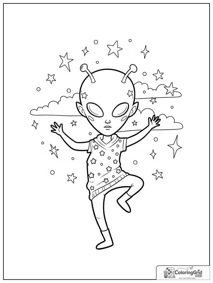 Alien dancing under stars black and white drawing.