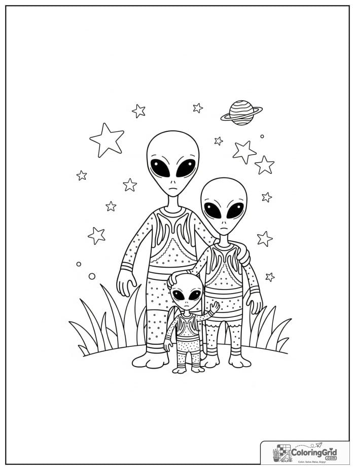 Alien family scene black and white line art.
