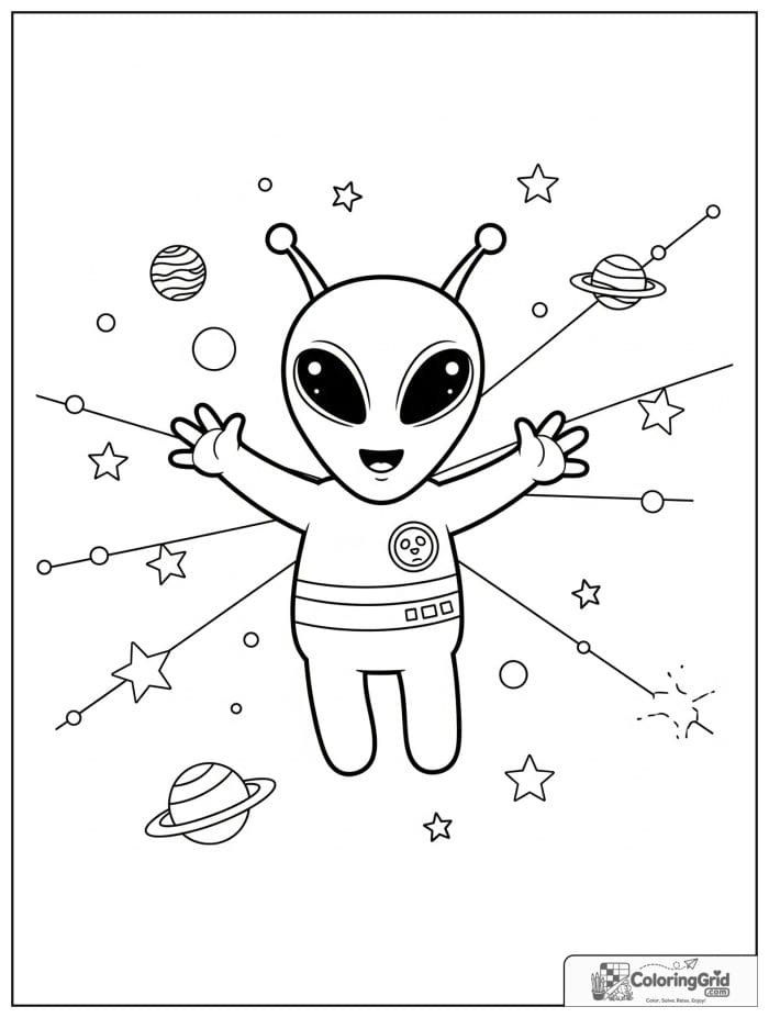 Alien floating in space black and white art.
