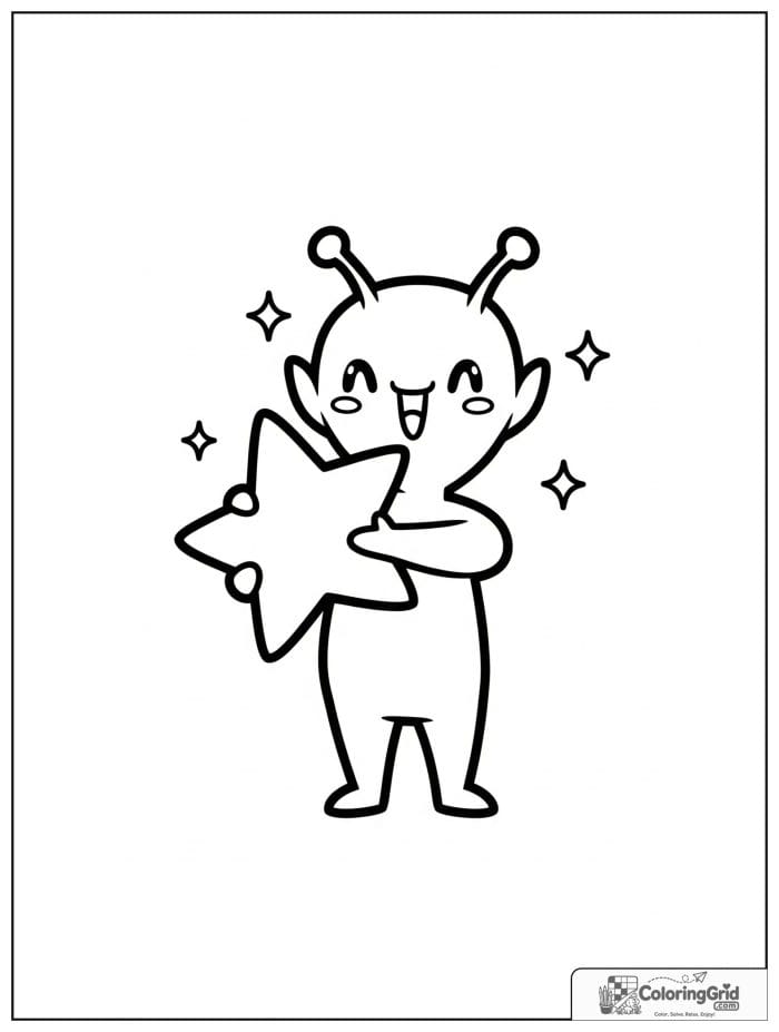 Alien holding star black and white artwork.