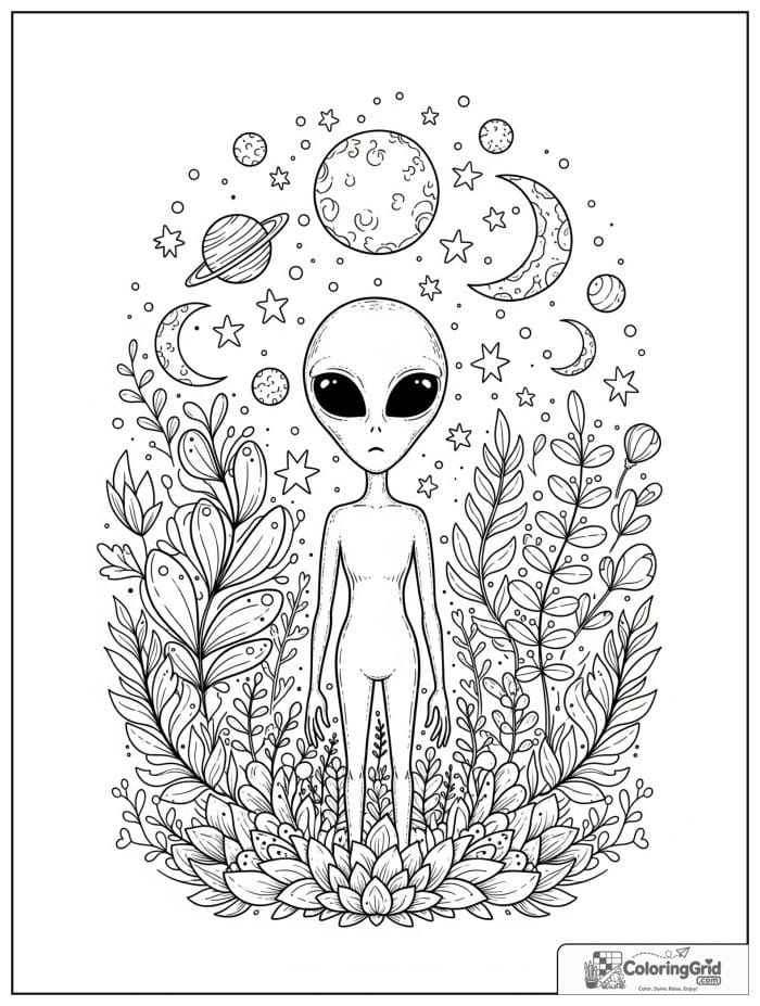 Alien in starry garden black and white drawing.