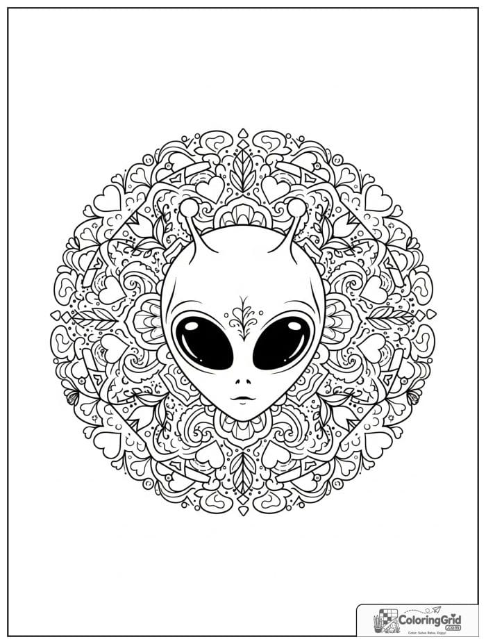Alien mandala circle black and white artwork.