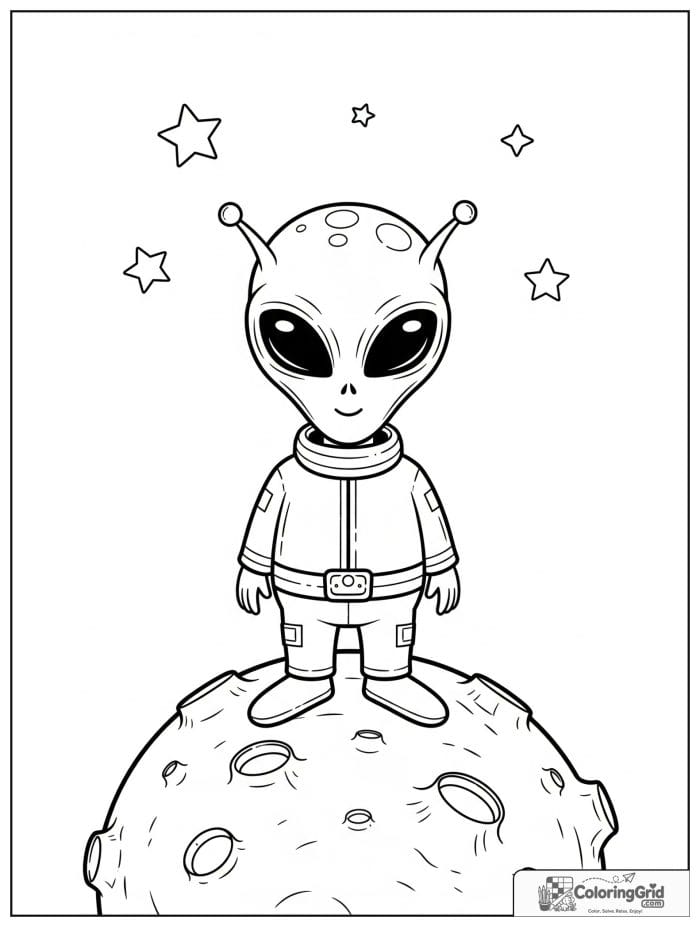 Alien on moon black and white line art.