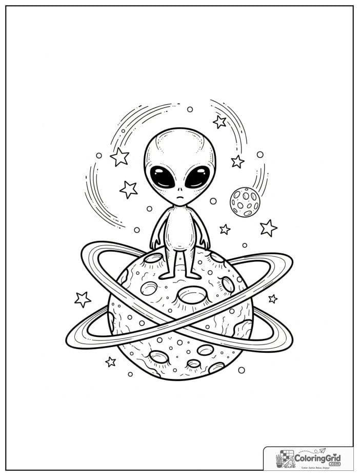 Alien on ringed planet black and white artwork.