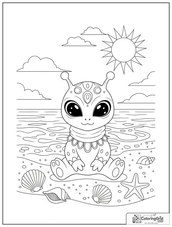 Cute alien on sandy beach black and white artwork.