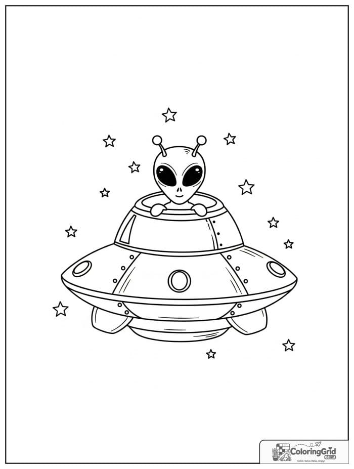 Alien peeking from saucer black and white artwork.