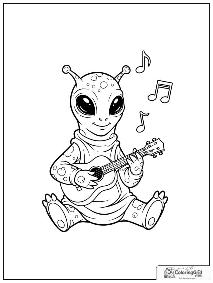 Friendly alien playing ukulele black and white line art.