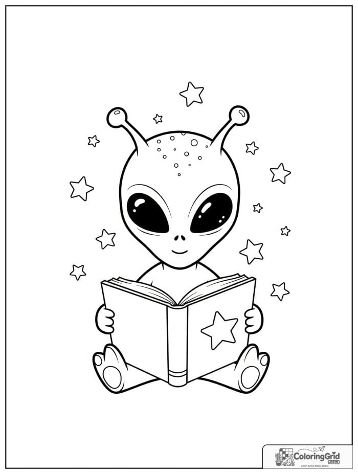 Alien reading a book in black and white artwork.