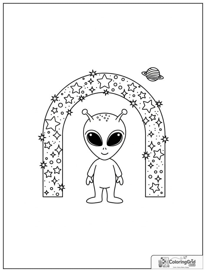 Alien under star arch black and white artwork.