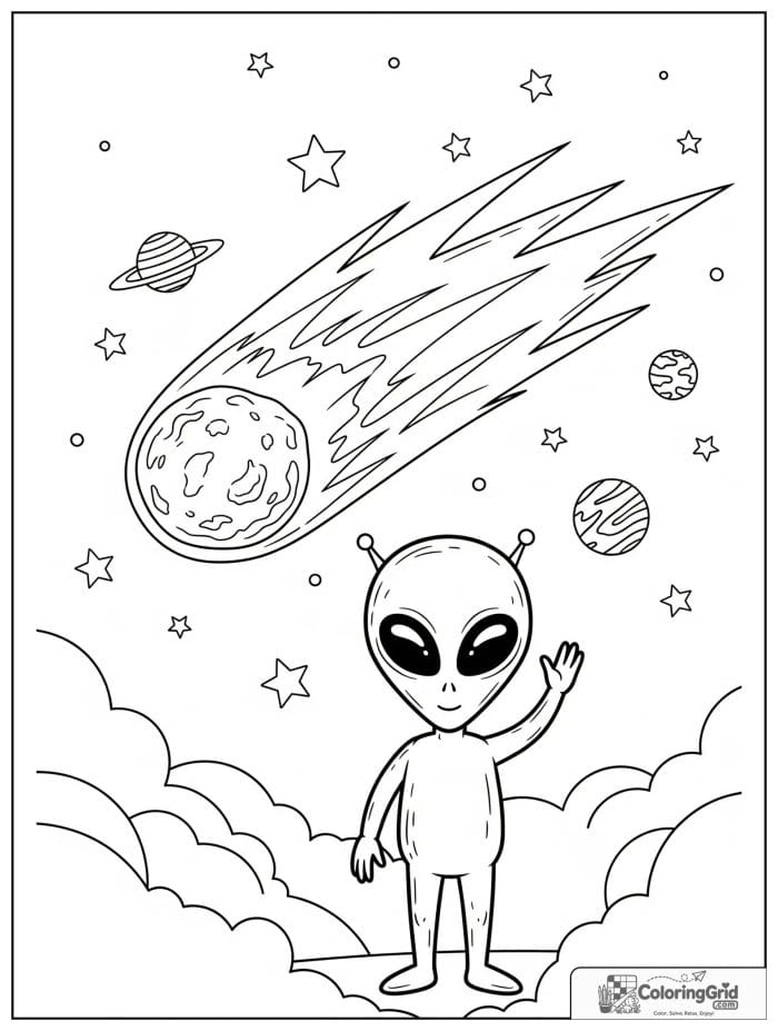 Alien with comet scene black and white drawing.