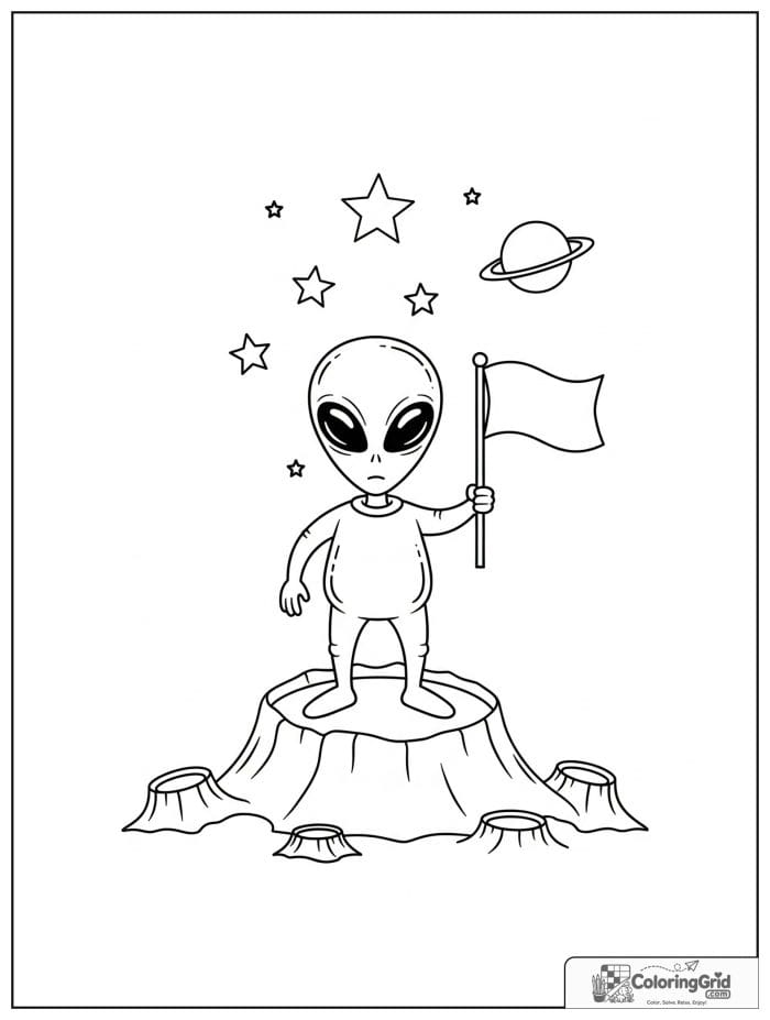 Alien with flag on crater black and white line art.