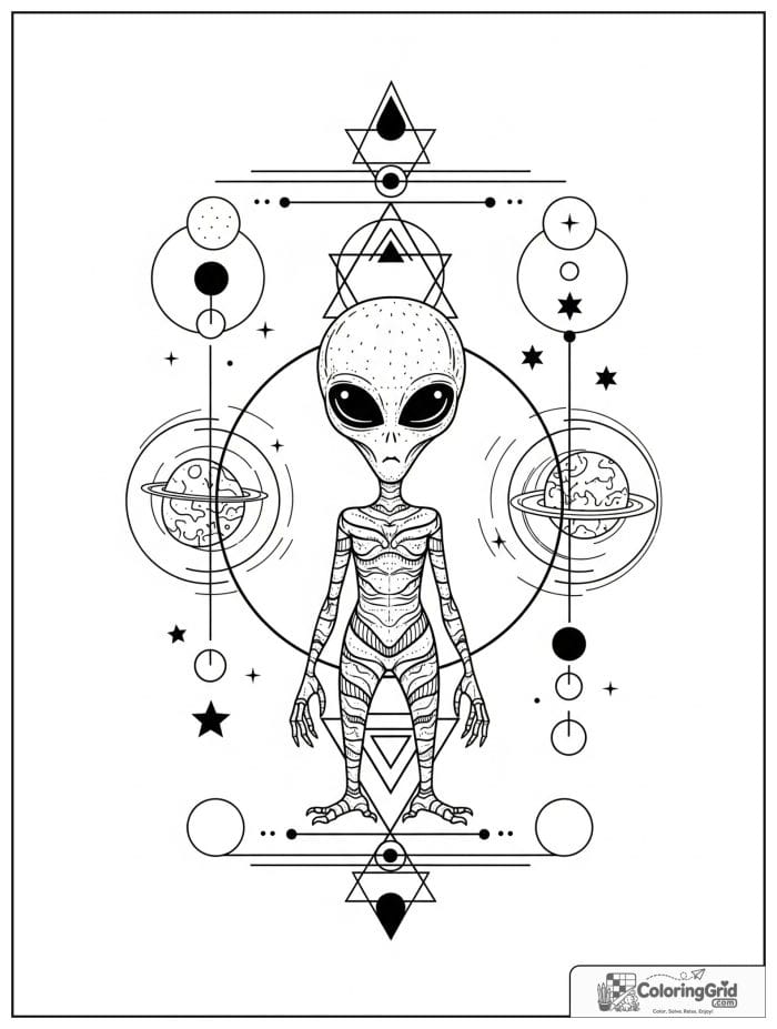 Alien with geometric border black and white line art.