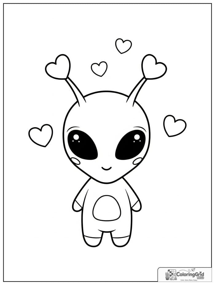 Alien with heart antennae black and white line art.