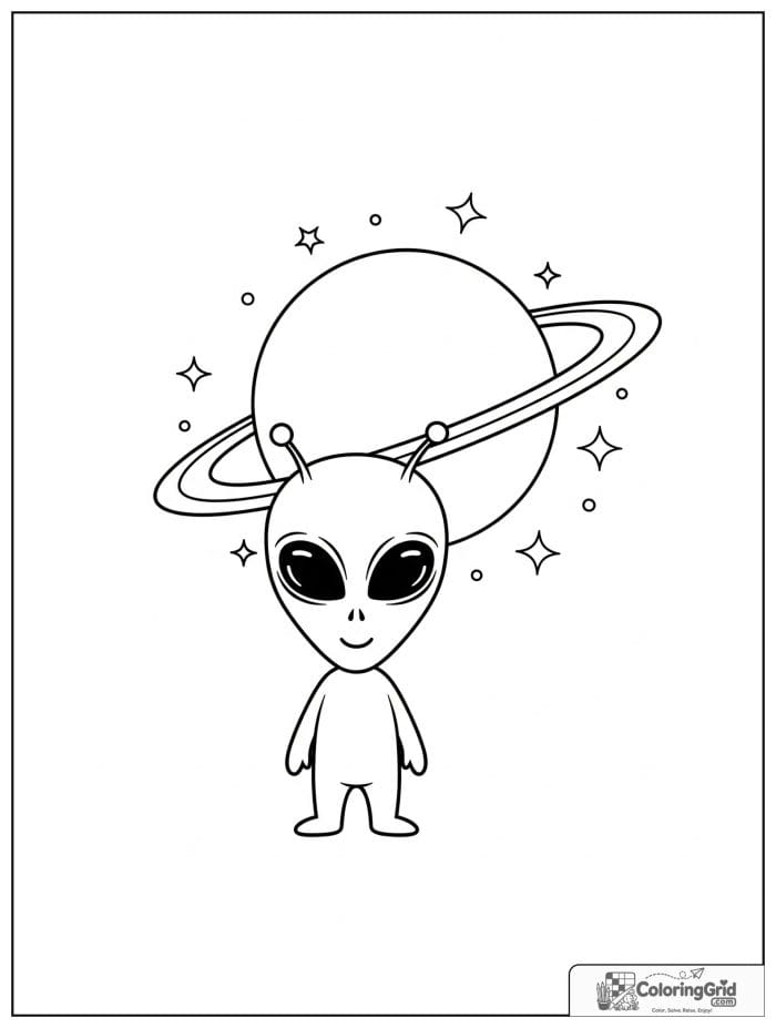 Alien with ringed planet black and white drawing.