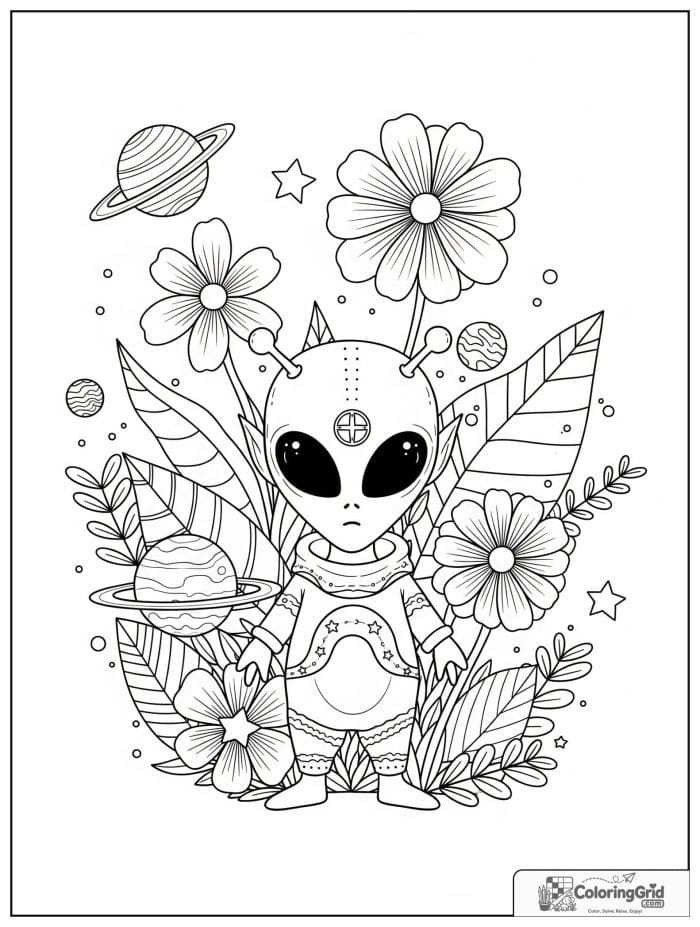 Alien with space flowers black and white line drawing.