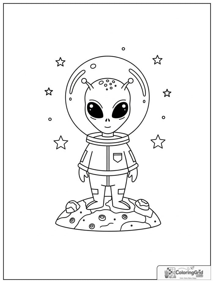 Alien with space helmet black and white artwork.