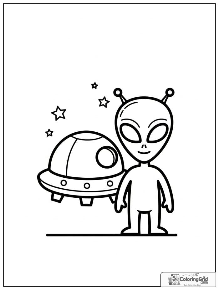 Alien with spaceship in black and white line art.