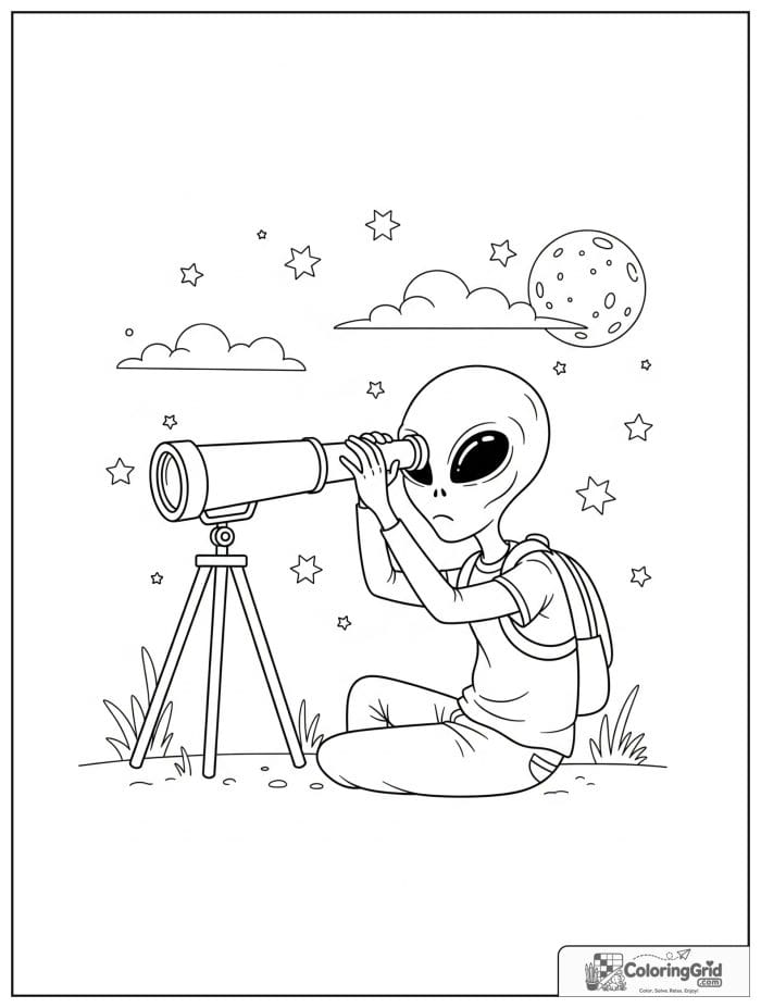 Alien with telescope black and white drawing.