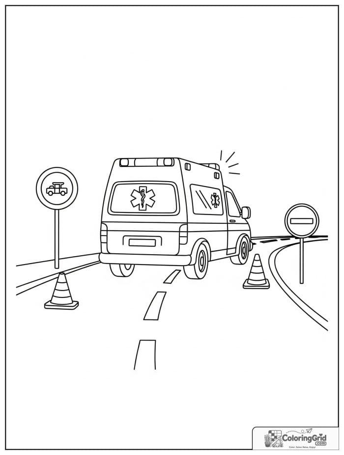 Ambulance with simple road signs and cones