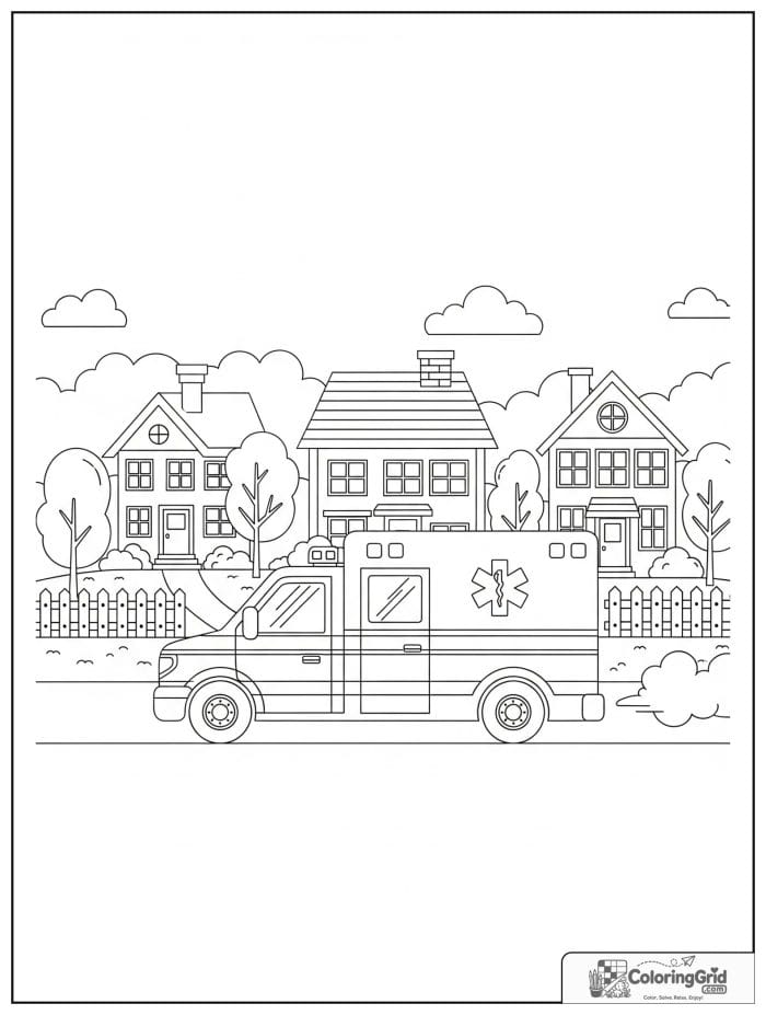 Ambulance driving through a neighborhood