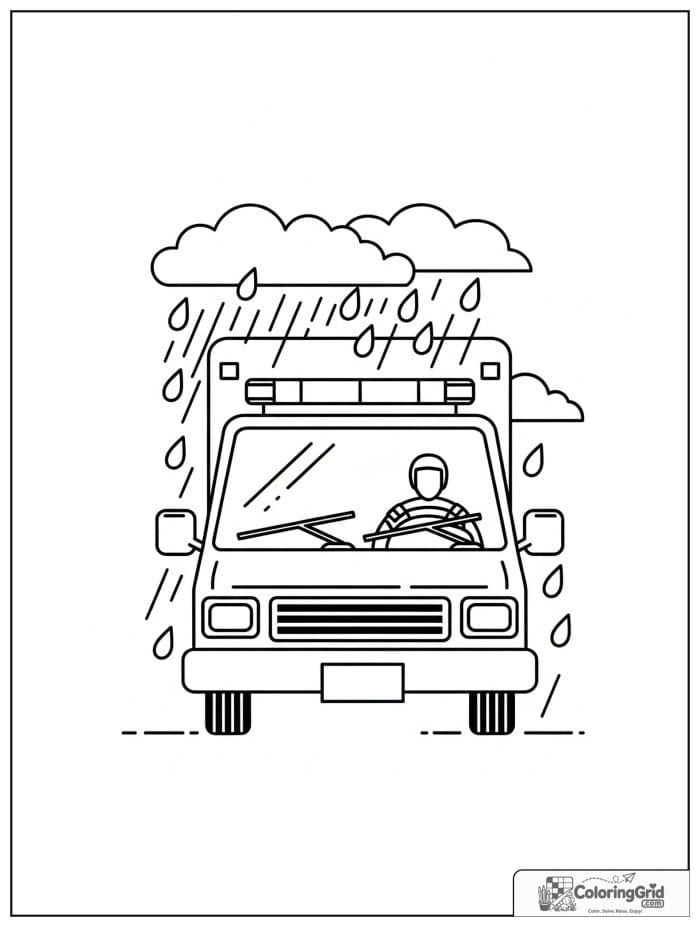 Ambulance driving in a rainy weather scene