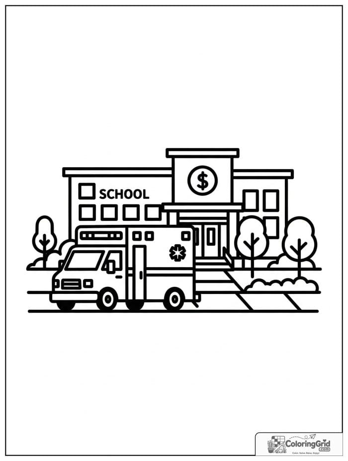 Ambulance parked near a school building