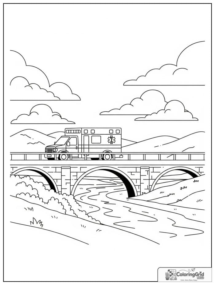 Ambulance crossing a bridge over a river