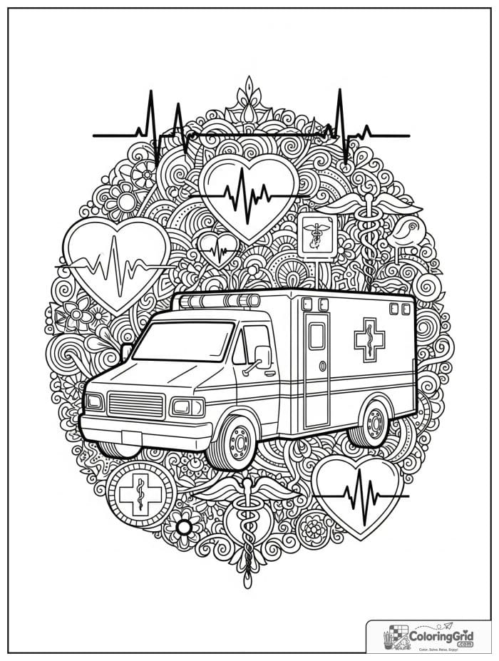 Detailed ambulance with heart monitor and medical symbols