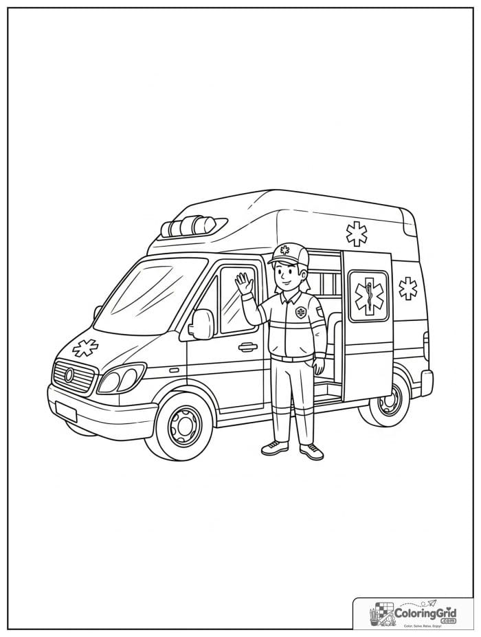 Ambulance with paramedic standing beside it