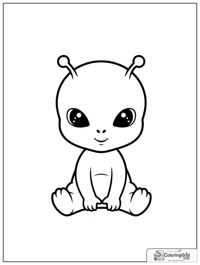 Baby alien sitting in black and white artwork.