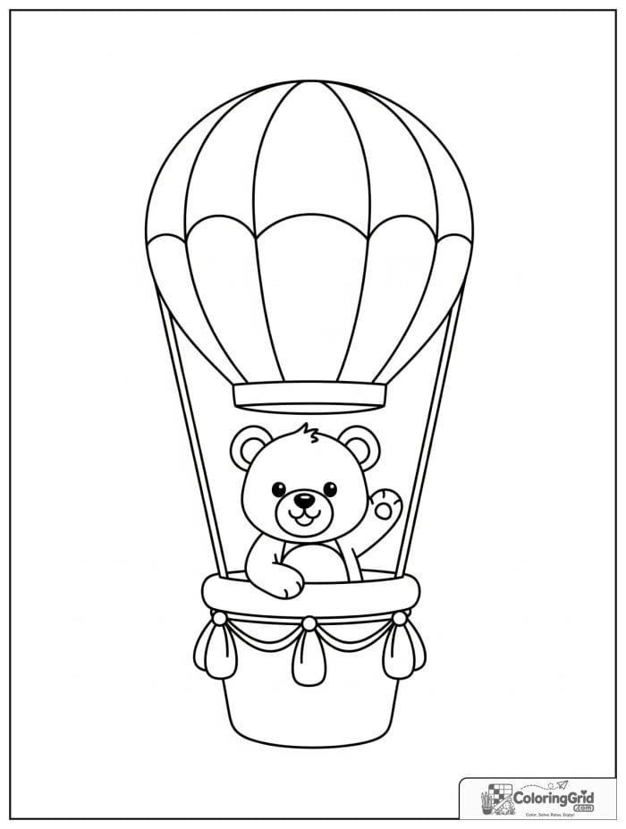 Baby bear in hot air balloon coloring sheet